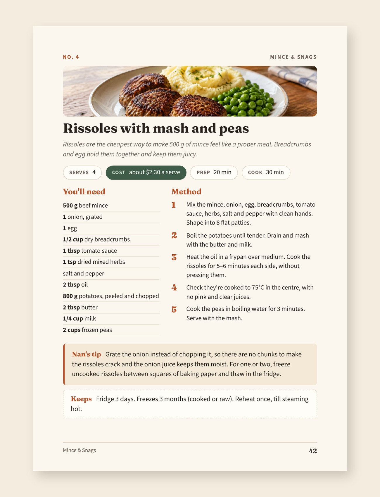 A sample recipe page: one dinner per page with cost per serve