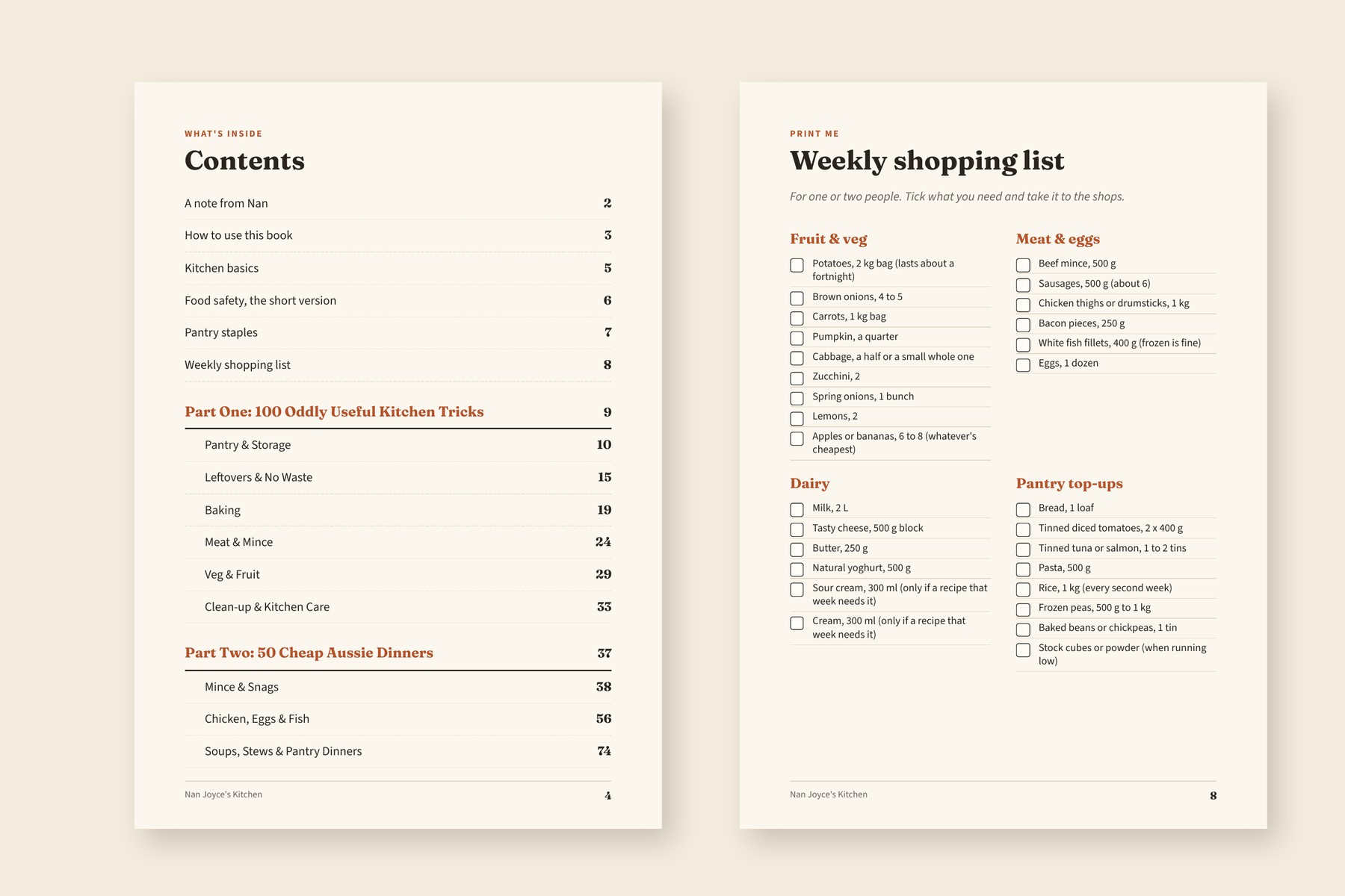 Contents page and weekly shopping list